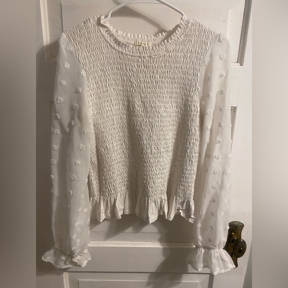 Smocked Cream Sheer Dot Sleeve Blouse L